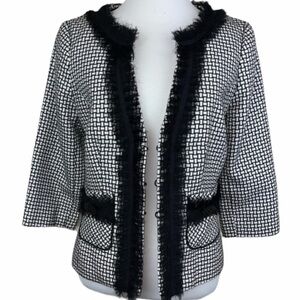 White House Black Market Cropped Tweed Lady  Blazer Fringe Jacket 4